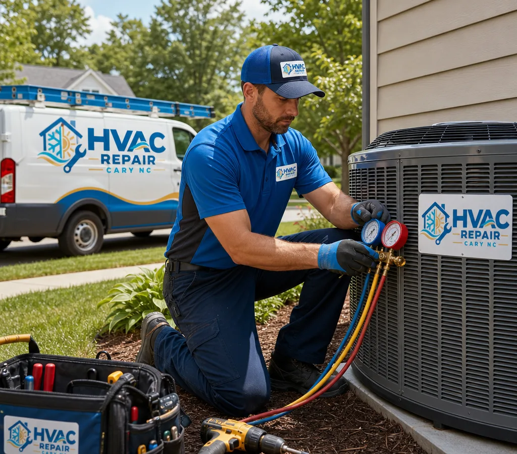 Technician servicing an outdoor AC condenser next to a Cary-area home on a hot day