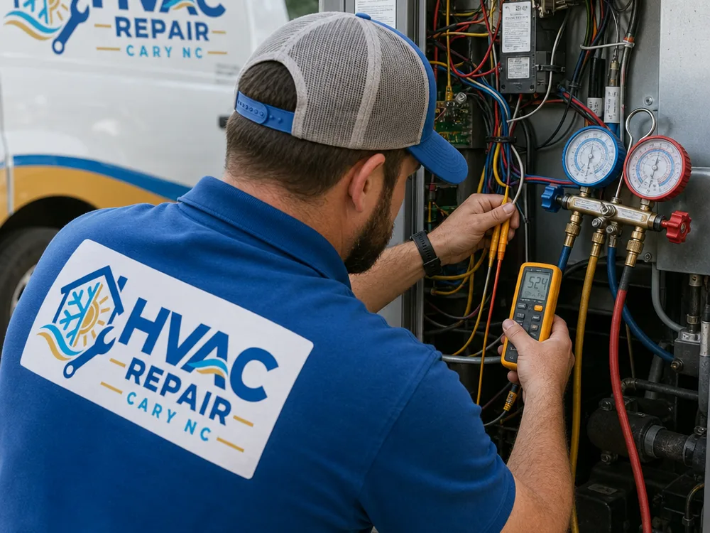 Technician measuring AC performance with thermometer probes and manifold gauges