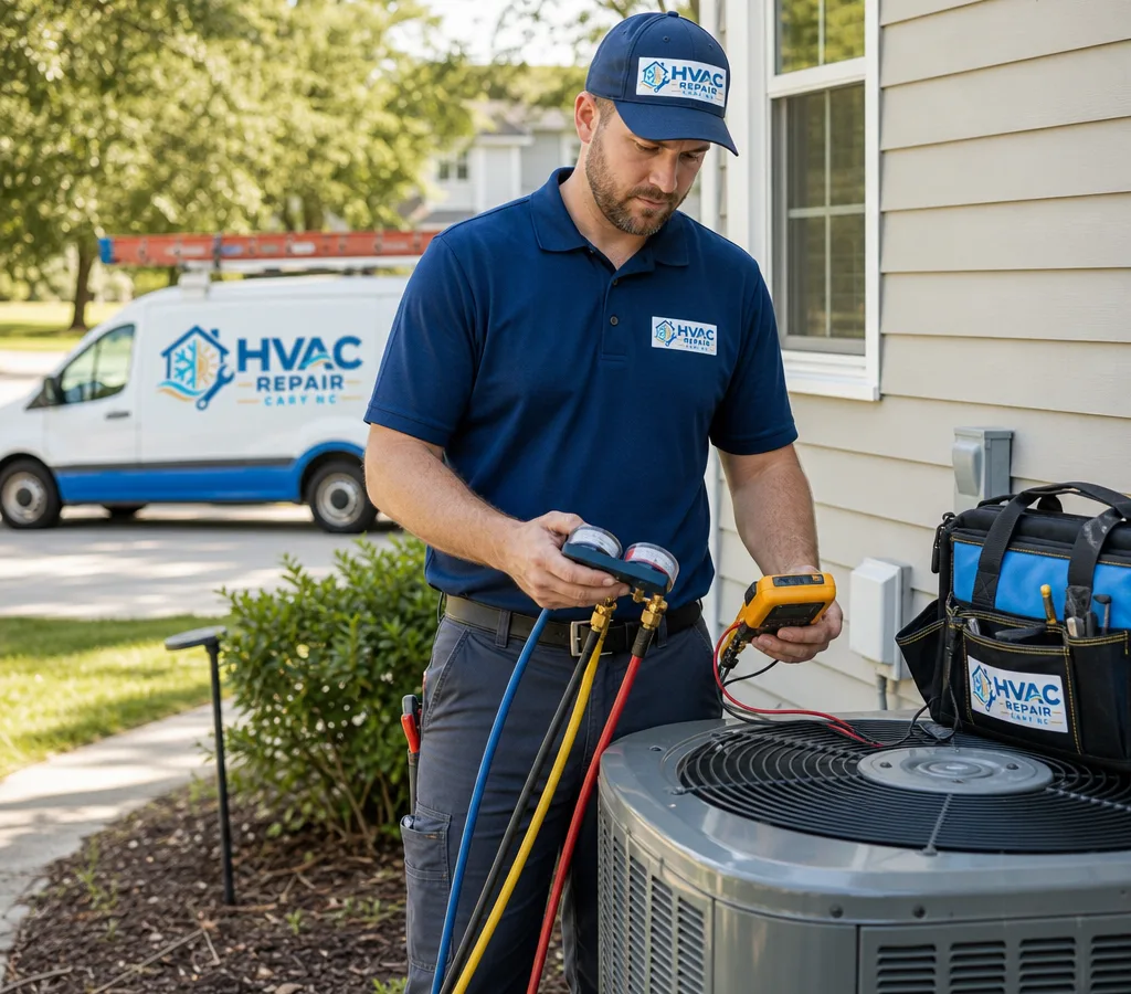 HVAC technician checking an outdoor condenser at a Cary-area home