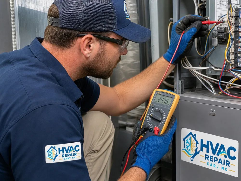 Technician testing an HVAC electrical component with a multimeter
