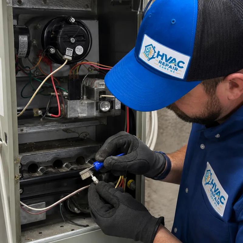 Technician cleaning a furnace flame sensor and inspecting the burner assembly