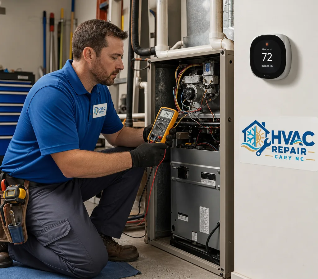 Uniformed technician testing an open residential furnace in a Cary home