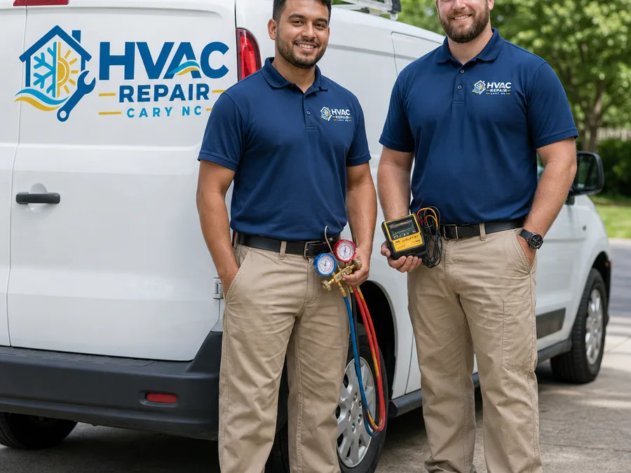 Two HVAC technicians beside a service van with diagnostic tools